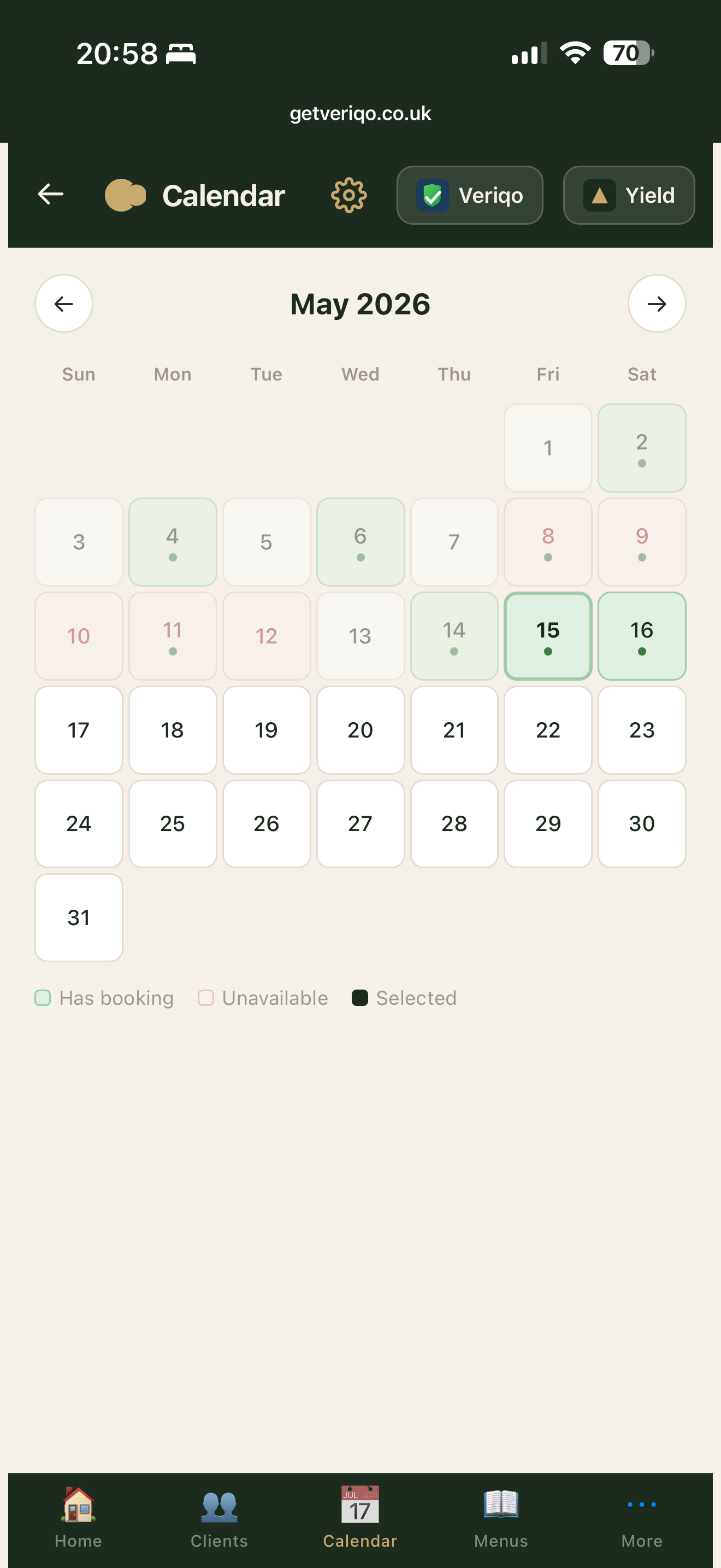 Carte booking calendar screen